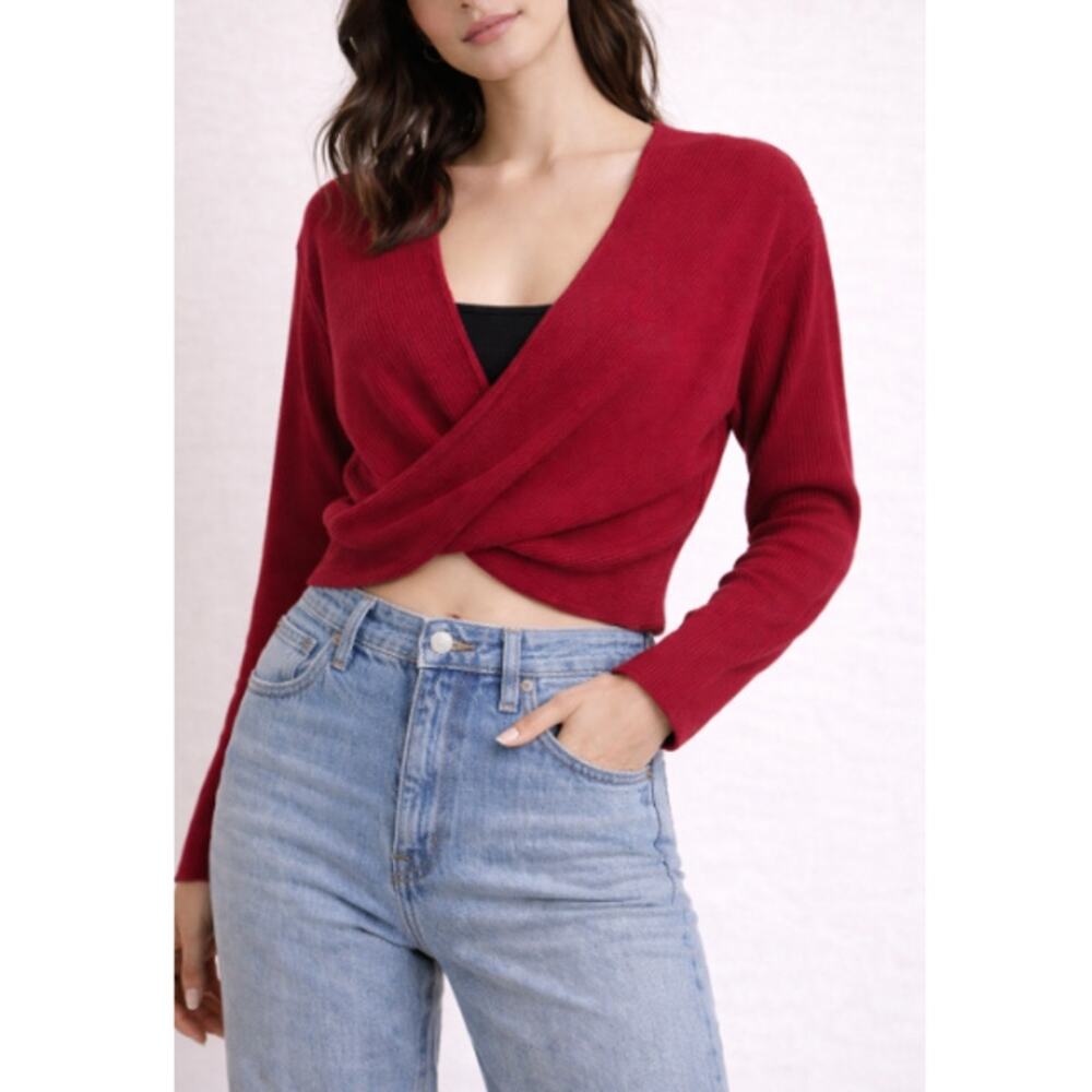 New Sam Edelman Women's Cherries Jubilee Allie Ribbed Wrap Crop Sweater Size S